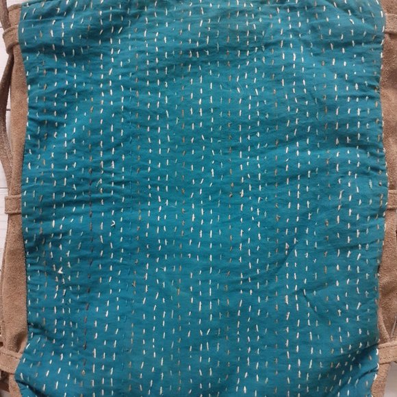 Noonday Collection Kantha Foldover Crossbody Bag Suede Leather Cotton BrownBlue - Picture 9 of 16